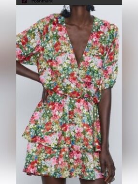 Zara Floral faux Wrap Tiered Mini Dress in Multicolor Medium